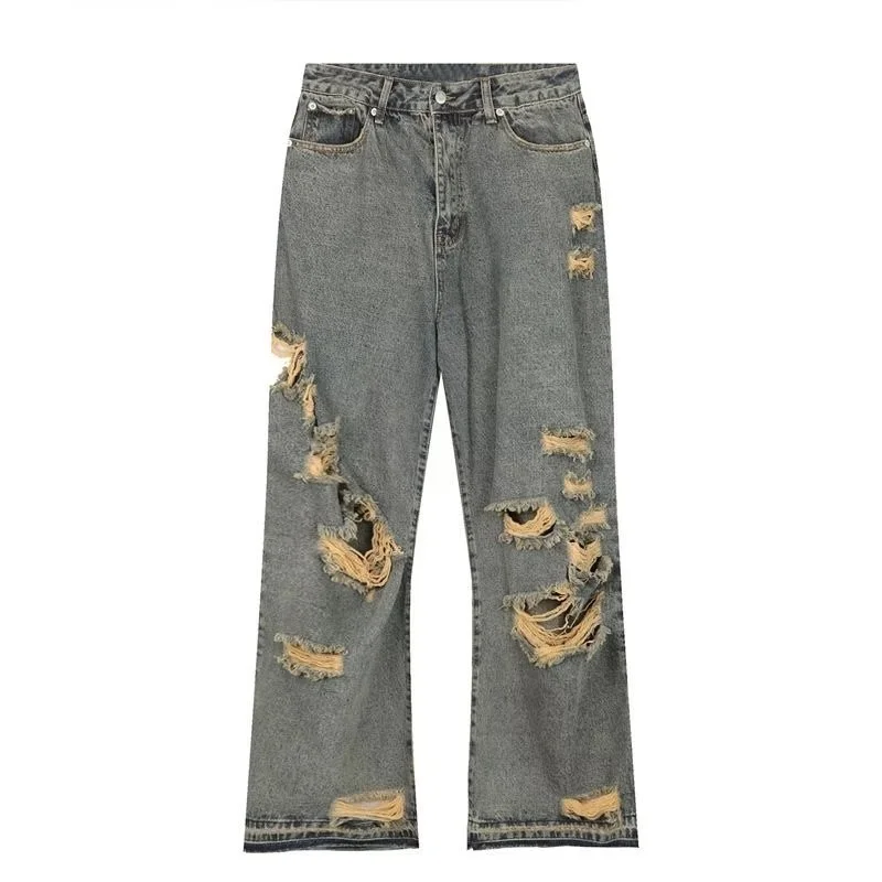 DEEPTOWN Ripped Punk Jeans Loose Casual Streetwear Distressed Denim Trousers Male Cowboy Pants Man Vintage Retro Hip Hop Hole