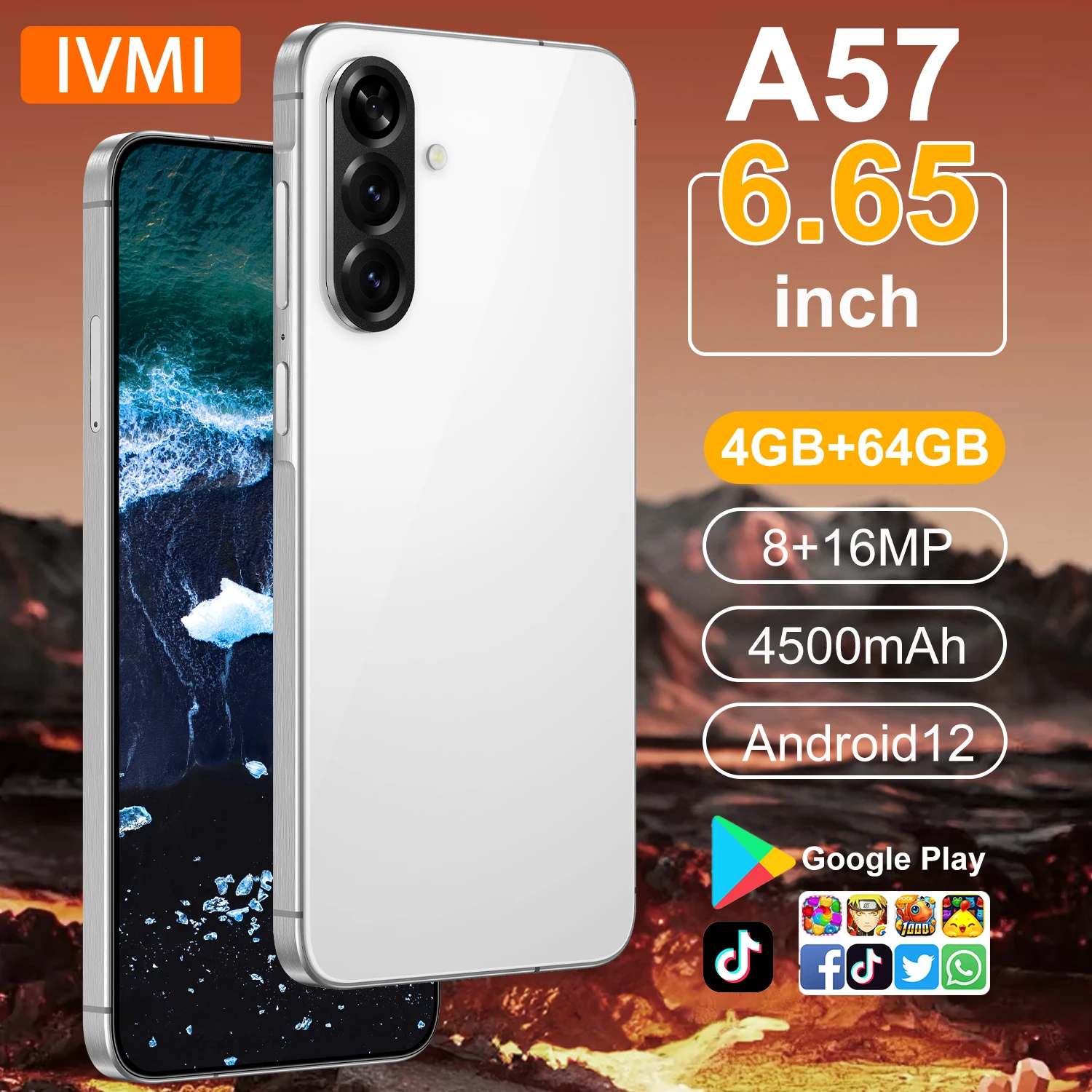 Фото Смартфон IVMI New A57 Global Version, 4G, две SIM-карты, Android 12, 4 ГБ ОЗУ, 64 ГБ ПЗУ, 16 МП, Face ID, разблокированный, мобильный телефон №1