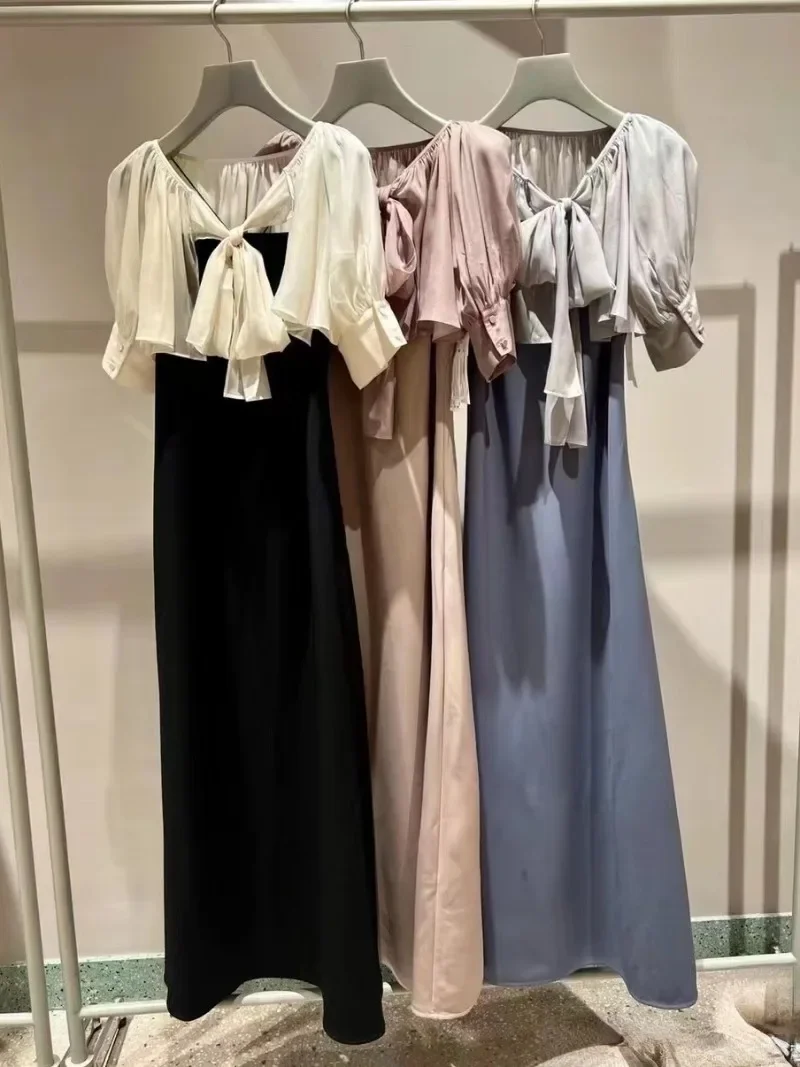 Прямое платье Kuzuwata с V-образным вырезом и бантом на воротнике пышными рукавами