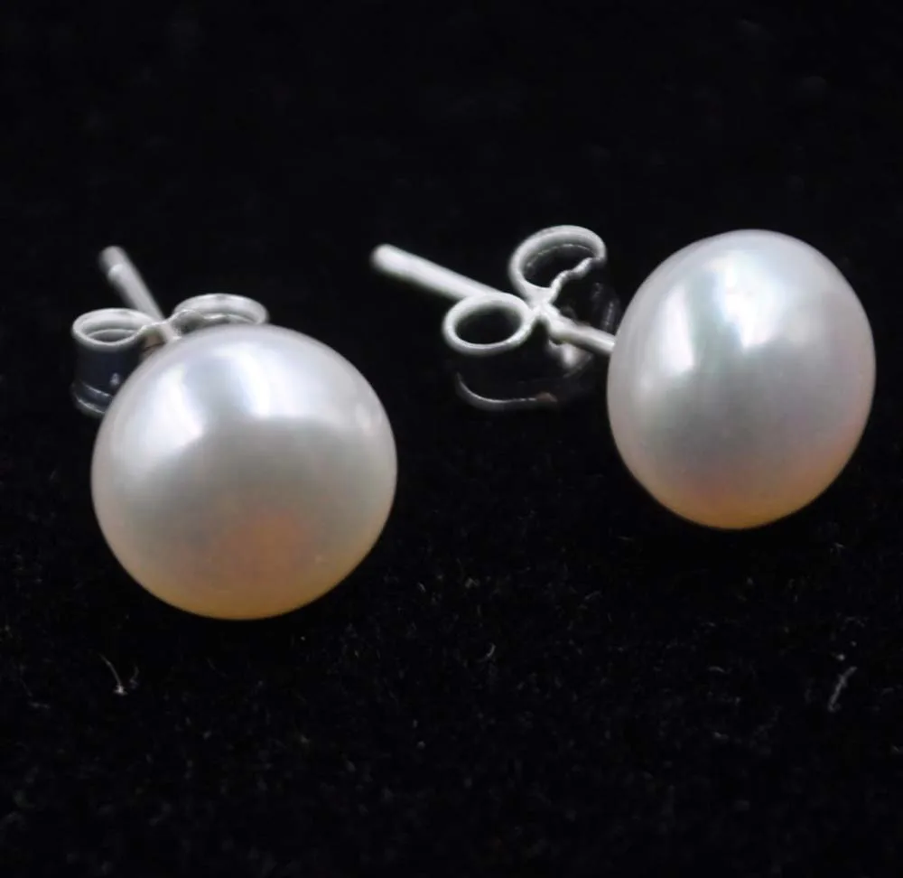 

AAA 8mm white genuine freshwater pearl earring stud sterling silver