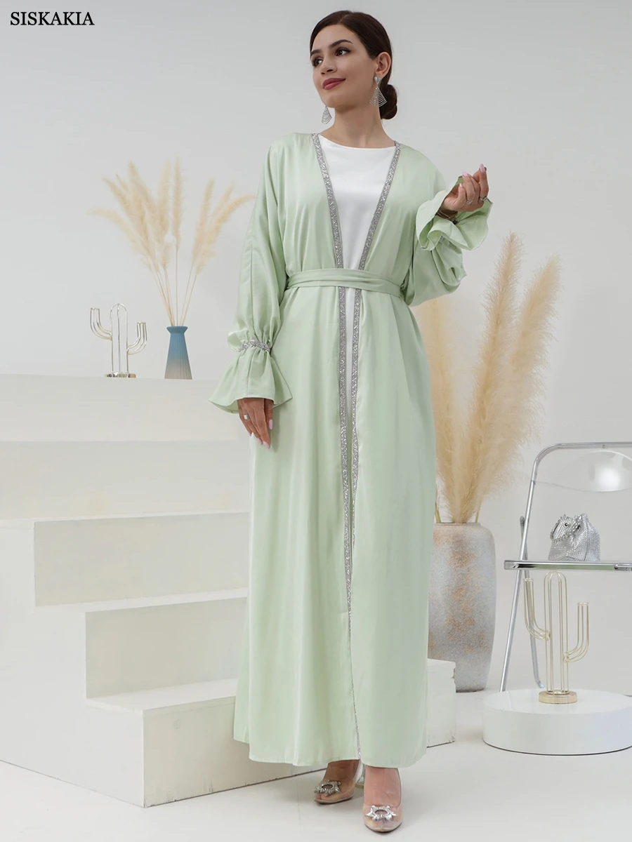 

Siskakia, мусульманское кимоно, открытый костюм из 2 предметов, однотонный, с бриллиантами, с расклешенными рукавами, с поясом, повседневное, свободное, Caftan для женщин, 2023, Дубай