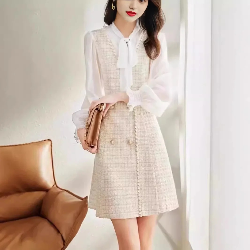 Женское твидовое платье с рукавами-фонариками элегантное модное универсальное