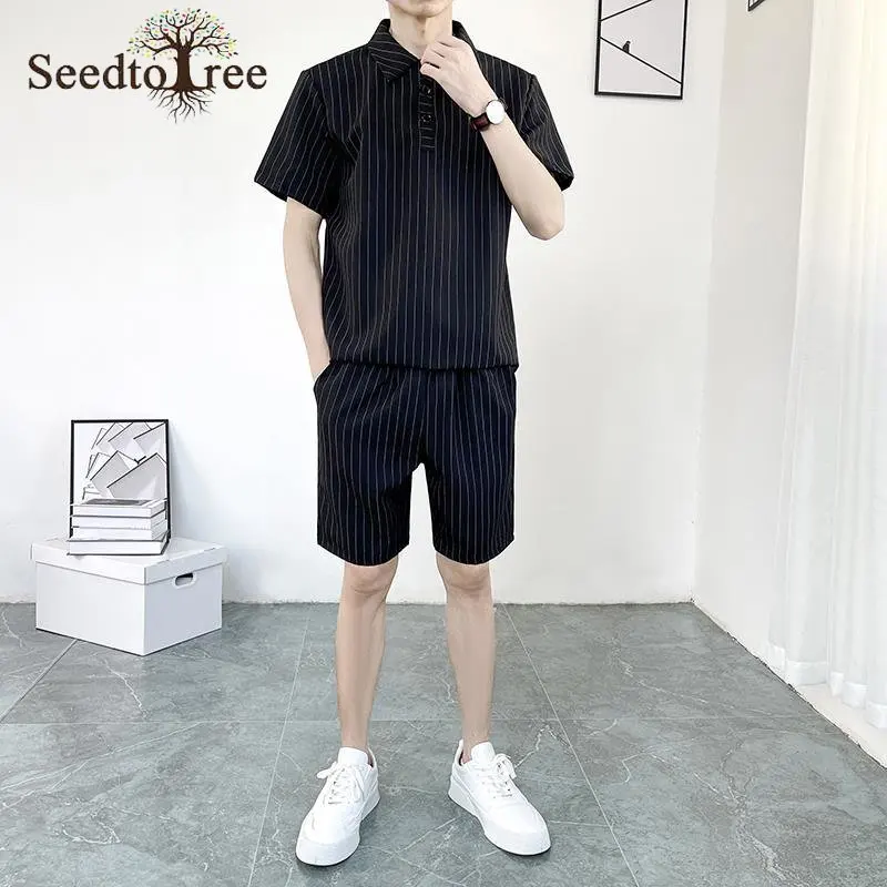 Summer Men's Set Casual Stripe Turndown Collar Short Sleeved T-shirt Elastic Waist  Shorts Two Piece Suit