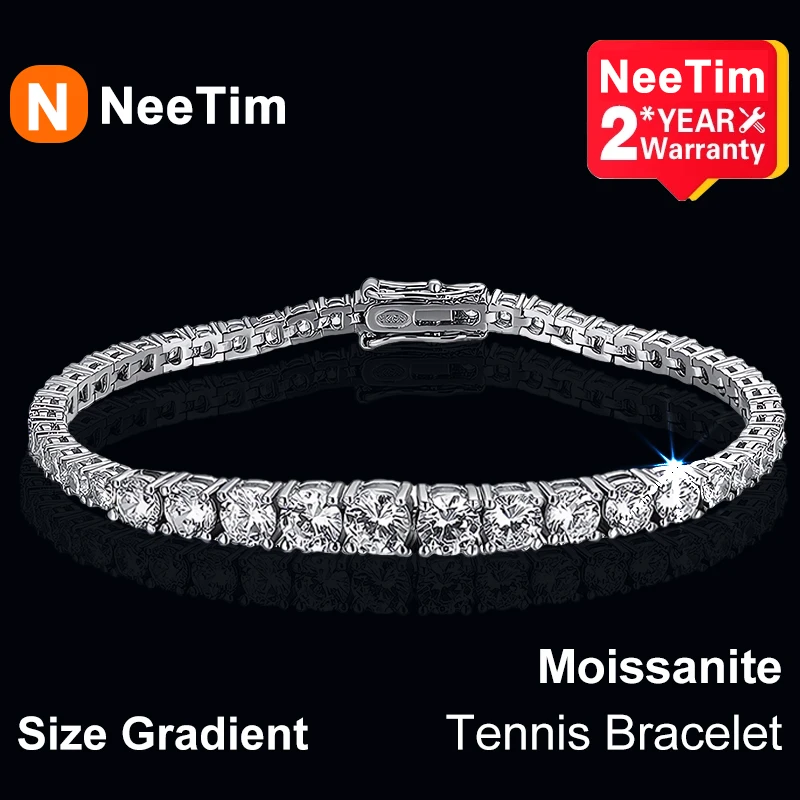 

NeeTim Moissanite Tennis Bracelet 925 Sterling Silver Full Diamond Size Gradient with GRA Gold Plated Fine Jewelry For Women