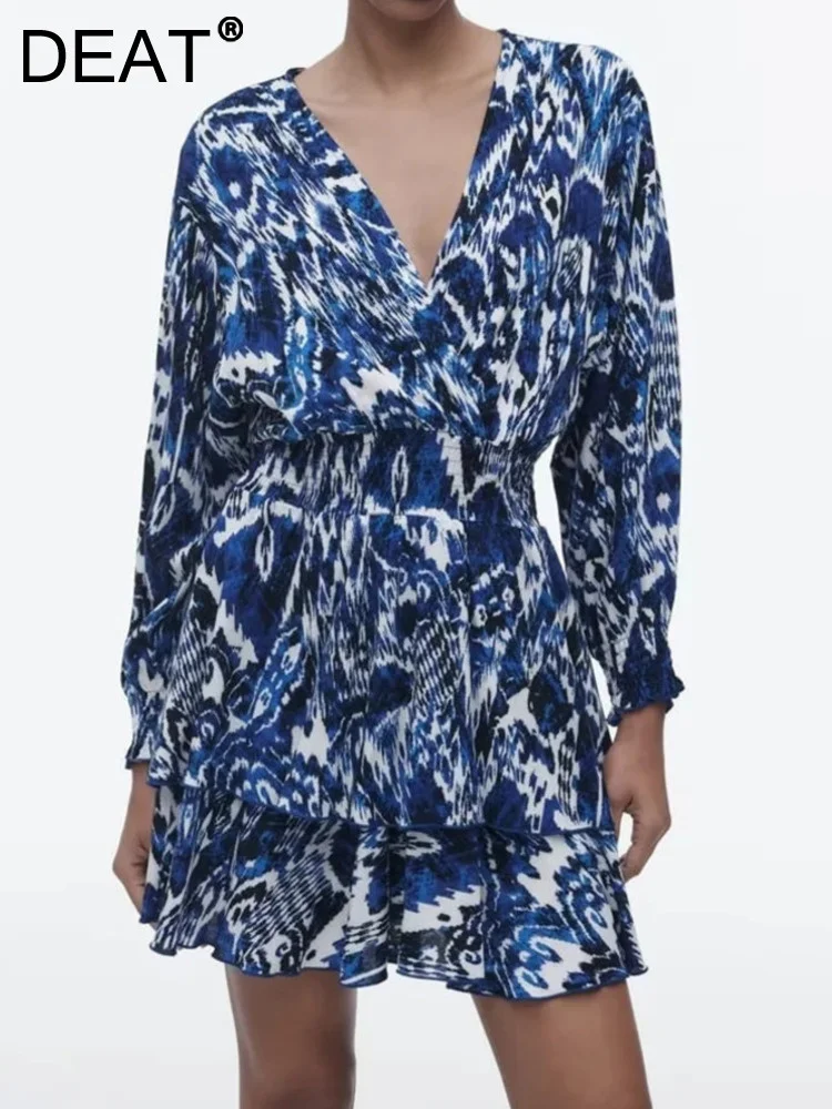 

Модное женское ТРАПЕЦИЕВИДНОЕ ПЛАТЬЕ С V-образным вырезом и рукавами-фонариками, женские платья с цветочным принтом и средней талией, весна 2023, новинка 17A7016