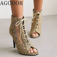 agodor gladiator lace up sandals stiletto high heel peep toe sandals shoes for women 2022 cut out thin heel leopard sandals