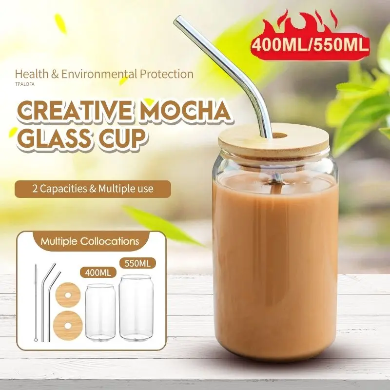 

550ml/400ml Mocha Coffee Glass Cup With Lid and Straw Transparent Breakfast Cups Travel Mugs Drinkware Cola Juice Glass Beer Can