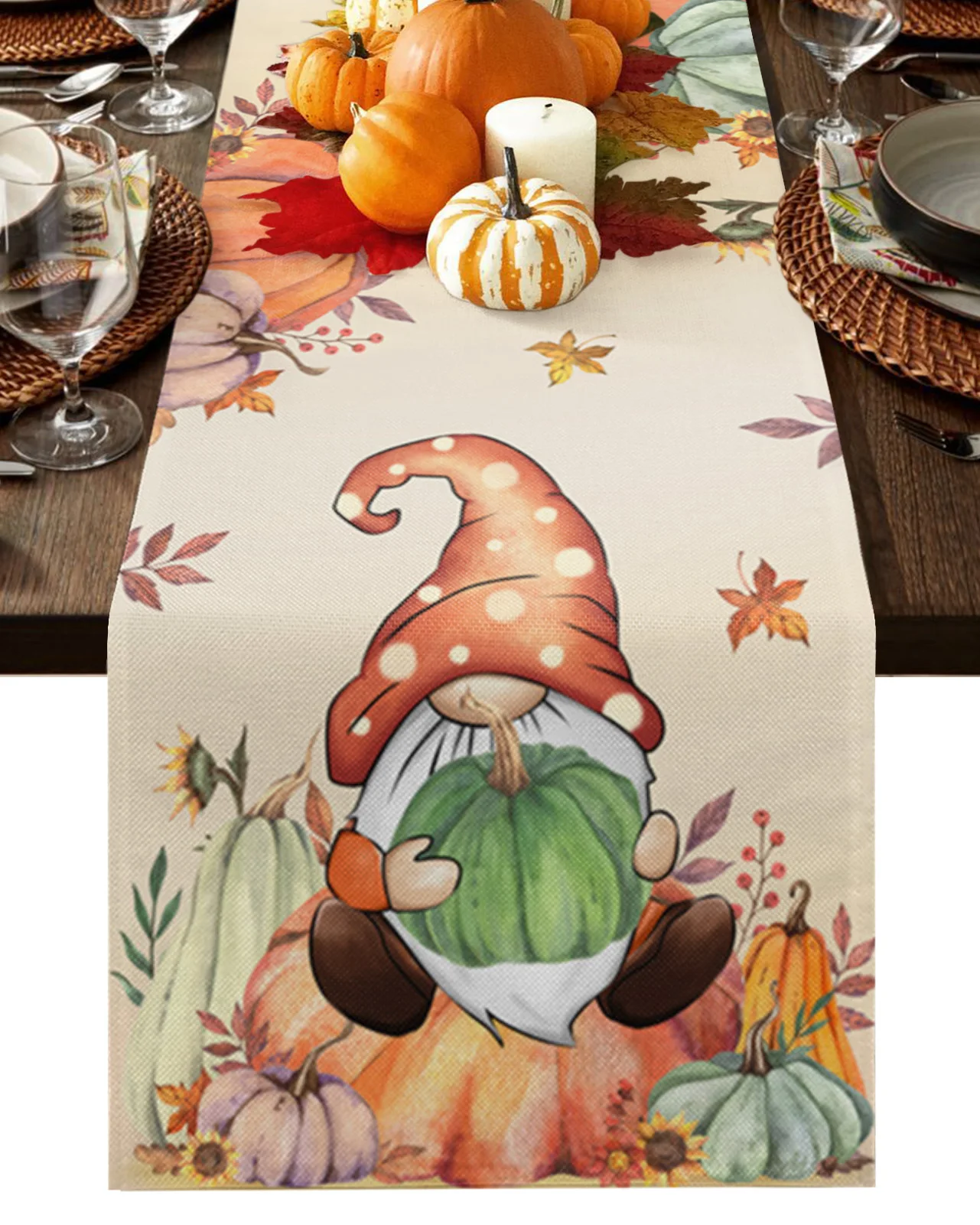 

Thanksgiving Pumpkin Autumn Plant Leaves Dwarf Table Runner Wedding Party Dining Table Cover Placemat Napkin Home Kitchen Decor