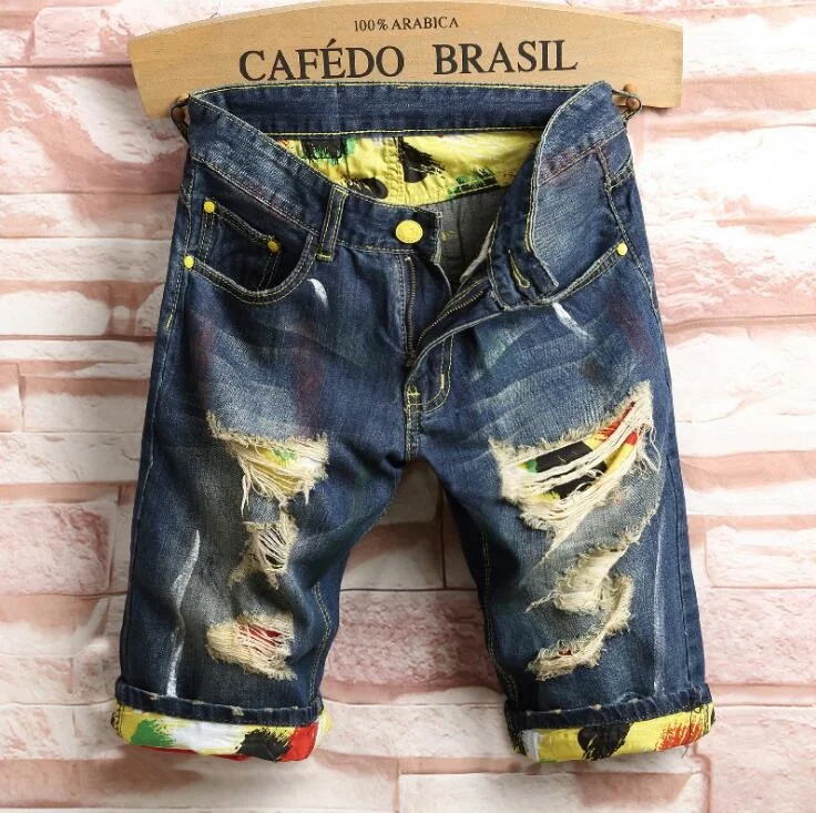 

New Fashion Men Slim Knee Length Denim Ripped Casual Pants Homme Trousers Male Hole Jeans
