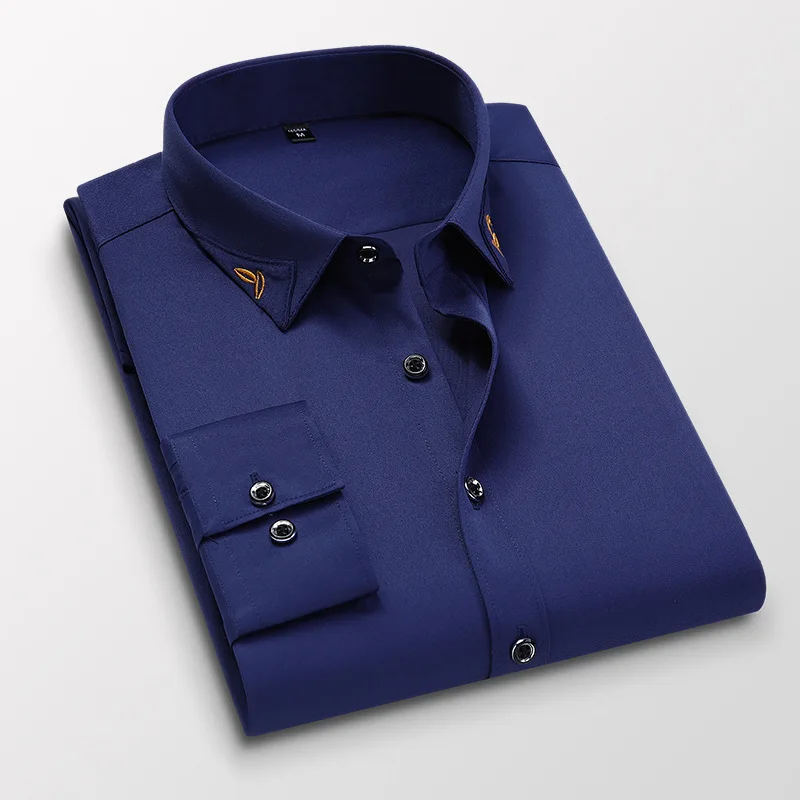 Men's Shirt Long Sleeve Slim Fit No-Iron Elasticity Shirt Collar Print Business Casual Brand Clothes Male Shirt 5XL