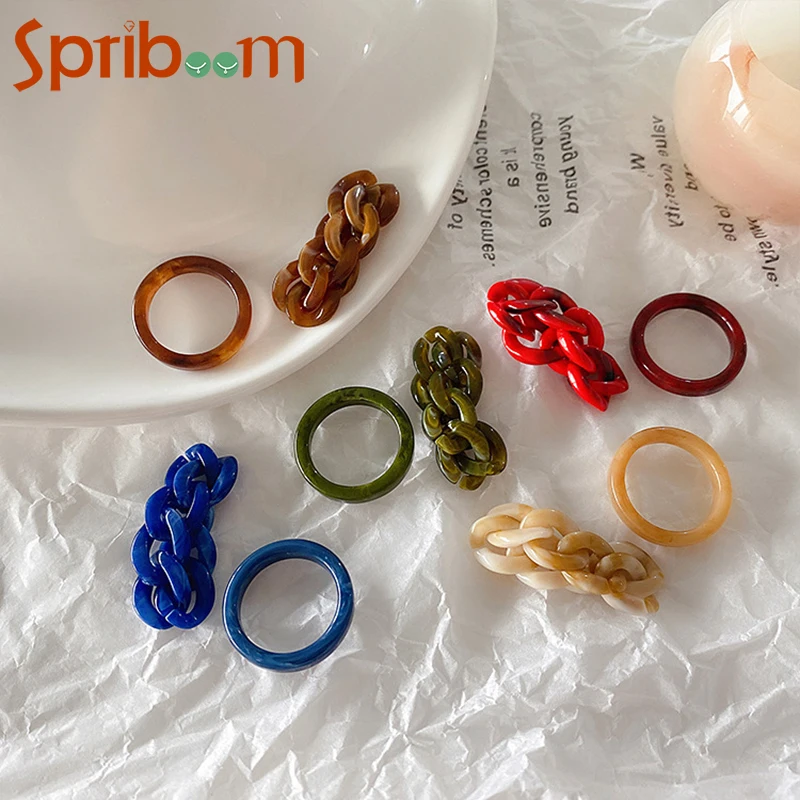 

2Pcs Resin Chain Rings Set for Women Girls Brown Blue Retro Acrylic Ring Fashion Jewelry Simple Korea Accessories Female Gifts