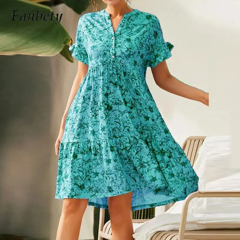 

Женское мини-платье на пуговицах, с V-образным вырезом и цветочным принтом