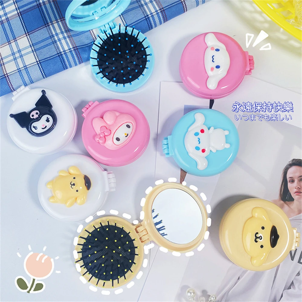 

Kawaii Sanrio My Melody Kuromi Cinnamoroll Pompom Purin Anime Portable Fold Clamshell Air Bag Comb Vanity Mirror Girl Comb Gifts