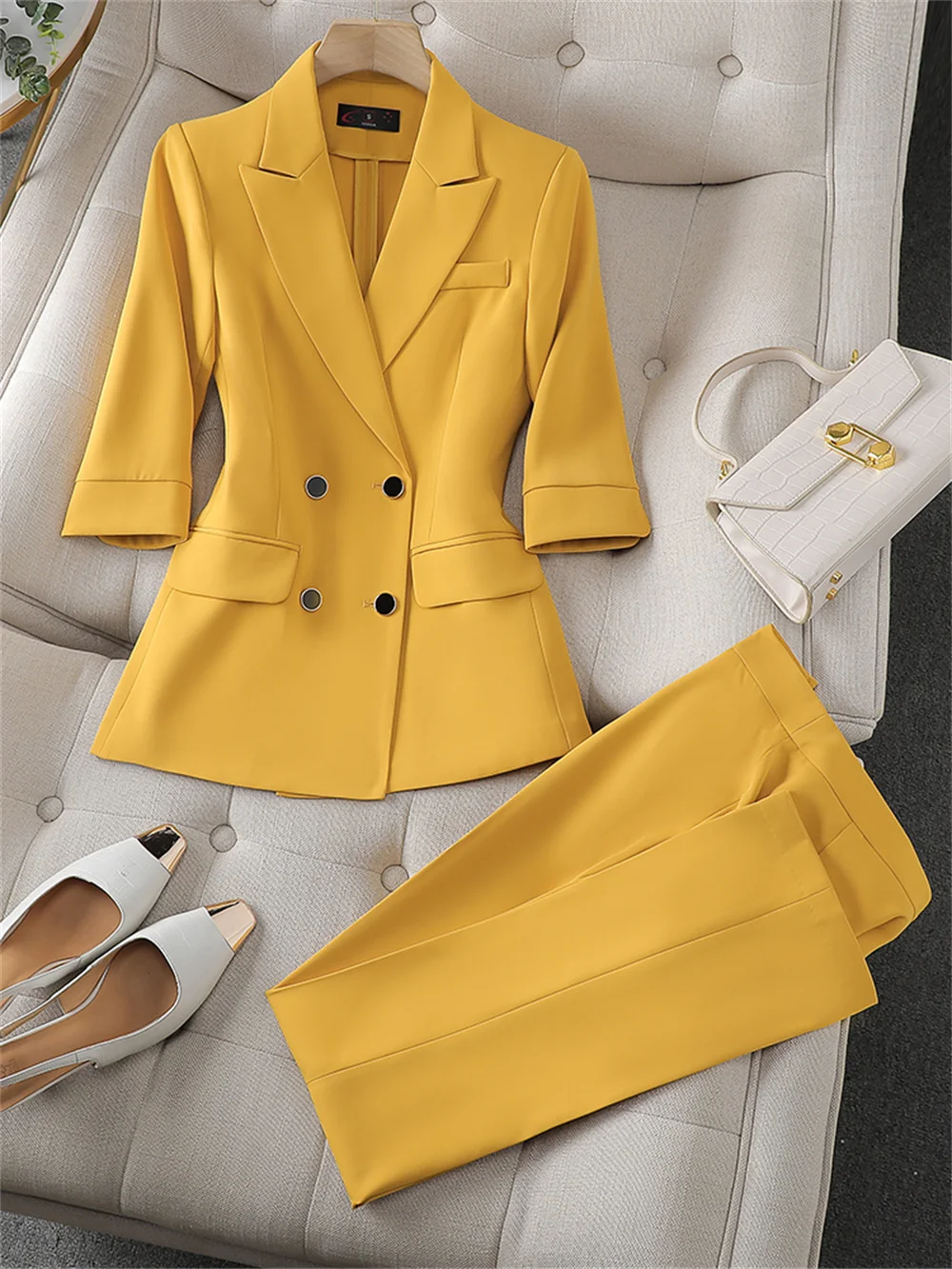 2023 New Summer Women Pant Sets Pink Female Half Sleeve Blazer and Pant Suit Office Ladies Business Work Wear Formal 2 Piece Set