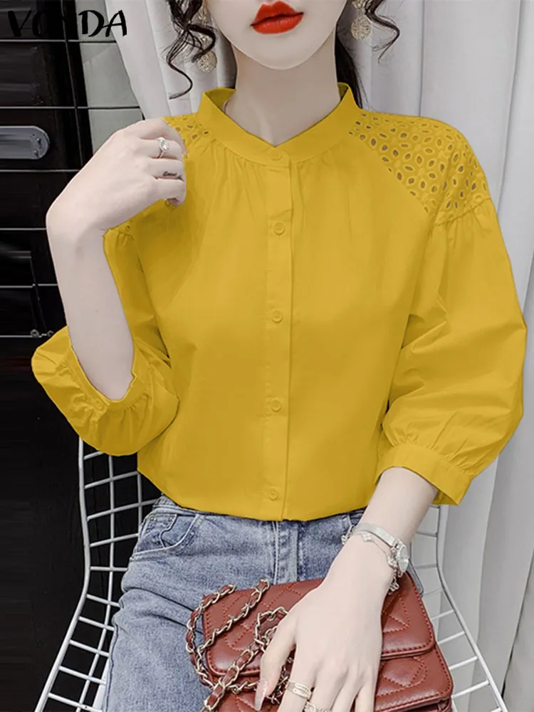 

2023 Summer Tops Tee VONDA Women Shirt Three Quarter Puff Sleeve Hollow Out Blusas Solid Tunic OL Work Button Shirts Oversized