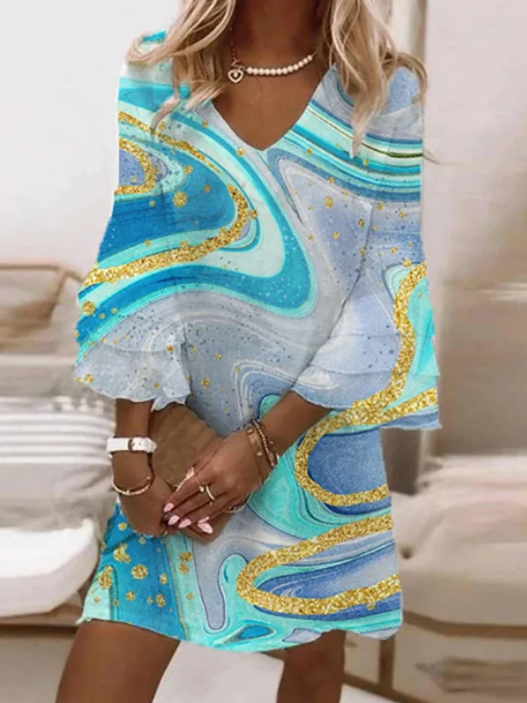 

New Women Vintage V-Neck Loose Party Dresses Spring Summer Three Quarter Sleeve Printed Ladies Dress Elegant Femme Dress Vestido