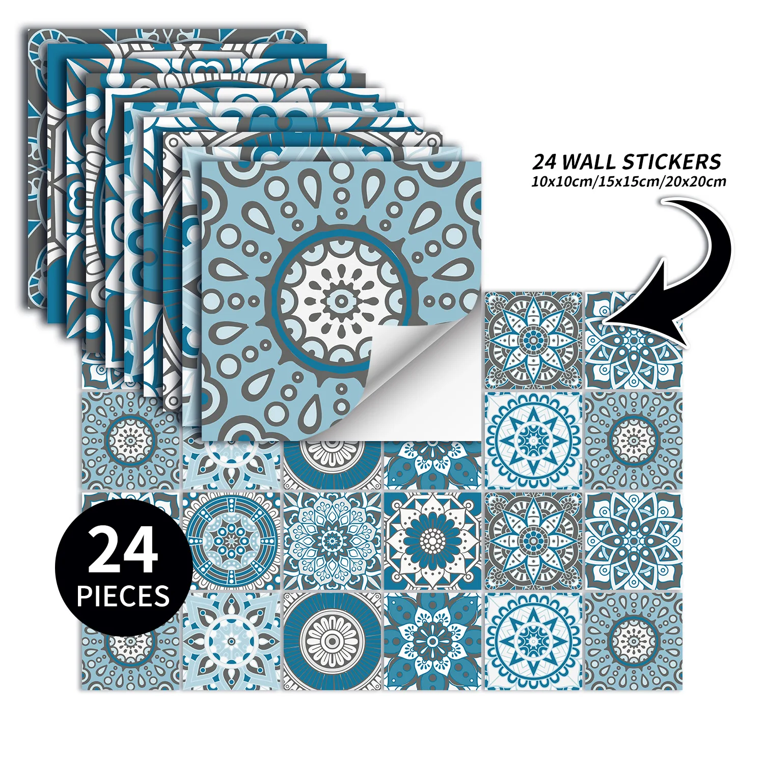 

24PCS Waterproof Tile Stickers Mandala Mural Art Kitchen Backsplash Wall Sticker Self Adhesive Bathroom Cabinet Decor Wallpaper