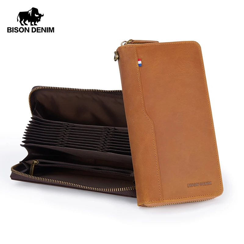 

BISON DENIM Genuine Leather Men's Wallet RFID Blocking Long Purse Coin Case Passport Cover For Mens Credit Card Holder W8277