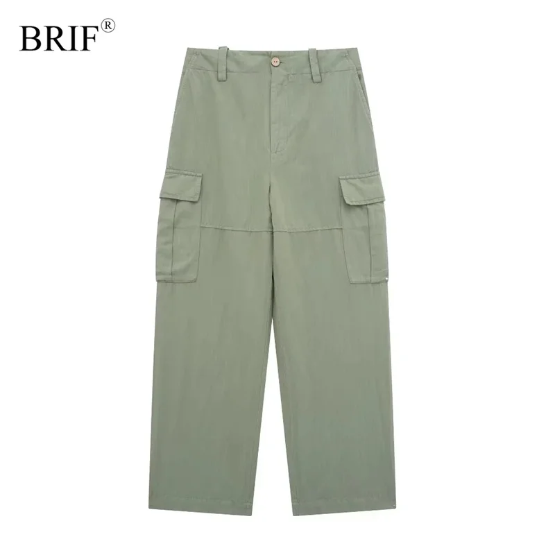 

BRIF Women Elegant Green Linen Cargo Trousers High Waist Elastic Waistband Side Patch Pockets with Flaps Casual Pants