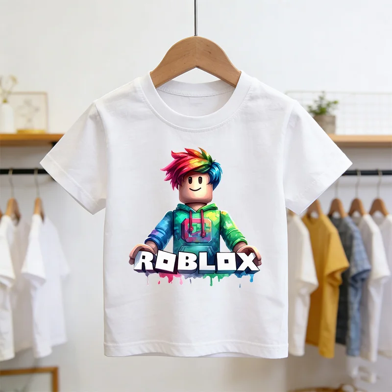 Фото Футболка Roblox, летняя модная футболка с короткими рукавами, топы для мальчиков и девочек, летняя игровая уличная одежда, белые детские футболки №2