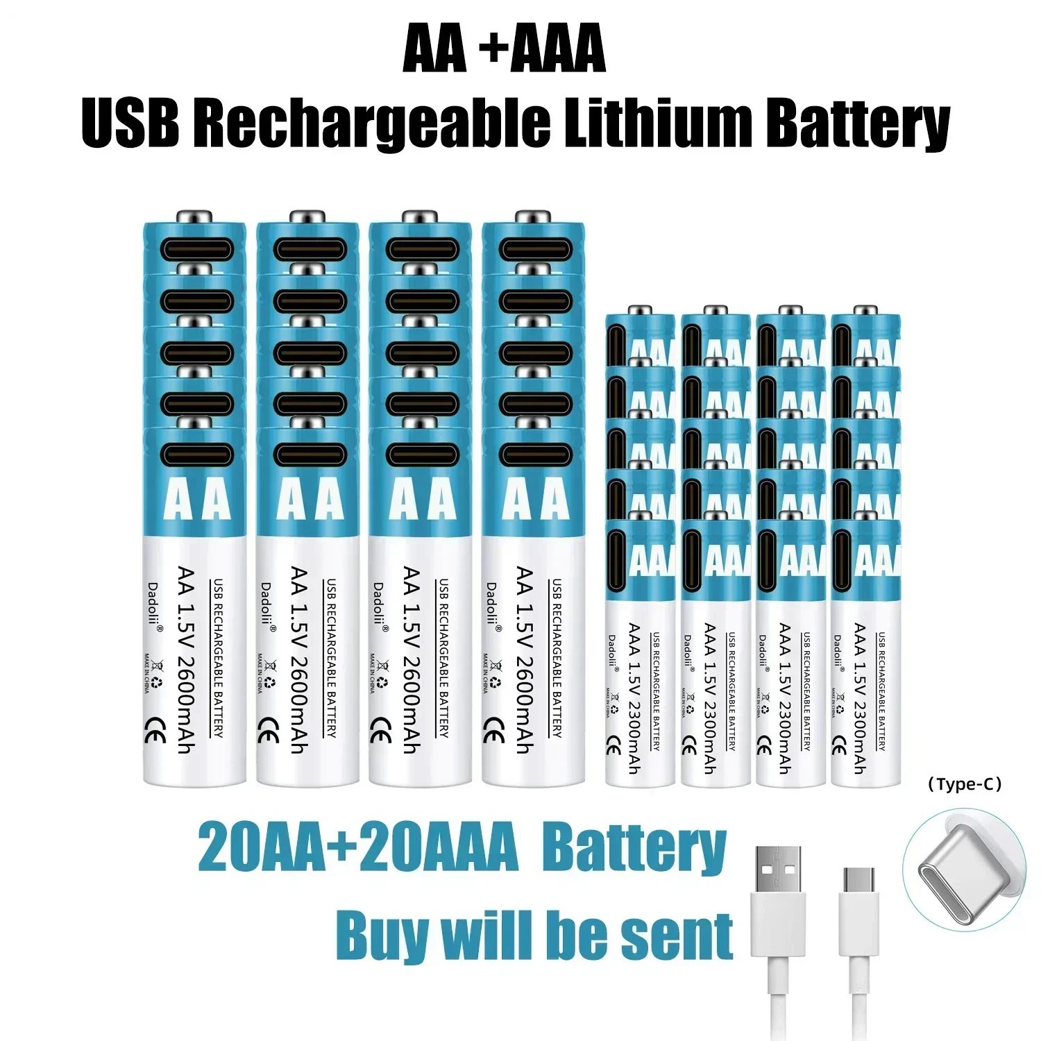Литиевая аккумуляторная батарея 1.5V AA AAA (тип 5, тип 7) с USB-зарядкой Type-C, быстрая зарядка, для обучающих устройств, кодовых замков, 1200 циклов зарядки (art.: 3920dbcead8dd) - 3920dbcead8dd