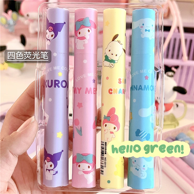 

4pcs 4 Colors Kawaii Sanrio Hello Kitty Kuromi My Melody Stationery Ins Combo Pack Fluorescent Pen Cute Student Marker DIY Hand
