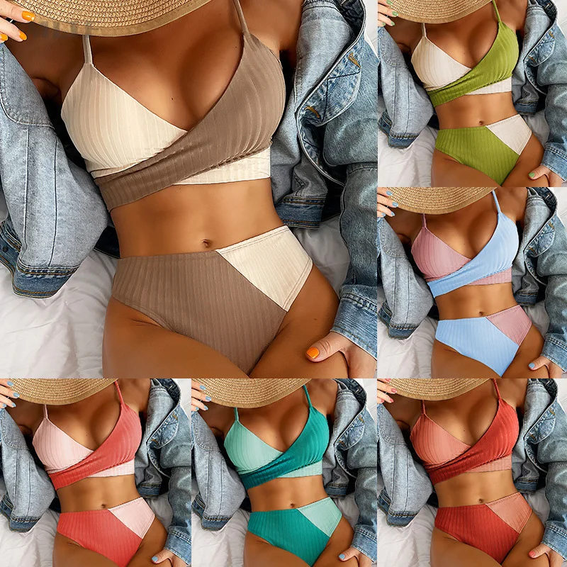 

Beach Fashion High Waist Bikini Patchwork Swimwear Ribbed Women's Swimwear Cross Wrap Beachwear Pleated Hips Bikini Swimwear