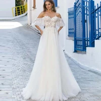 princess white off shoulders lace appliques tulle bridal gowns pretty a line cap sleeve sweep train wedding dress for women robe