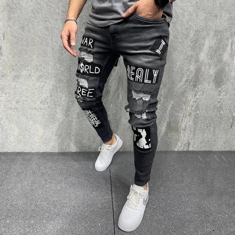 Men Jeans New Patch Embroidered Mens Jeans Slim Black Mens Pants Fashion Trend Casual Hole Denim Jeans for Men