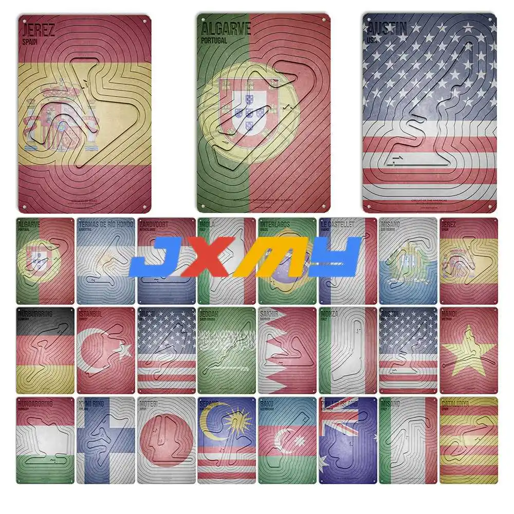 

F1 Racing Track Vintage Flag Art Metal Tin Sign Metal Plate for Garage Bar Pub Wall Decor Plaques Room Wall Signs