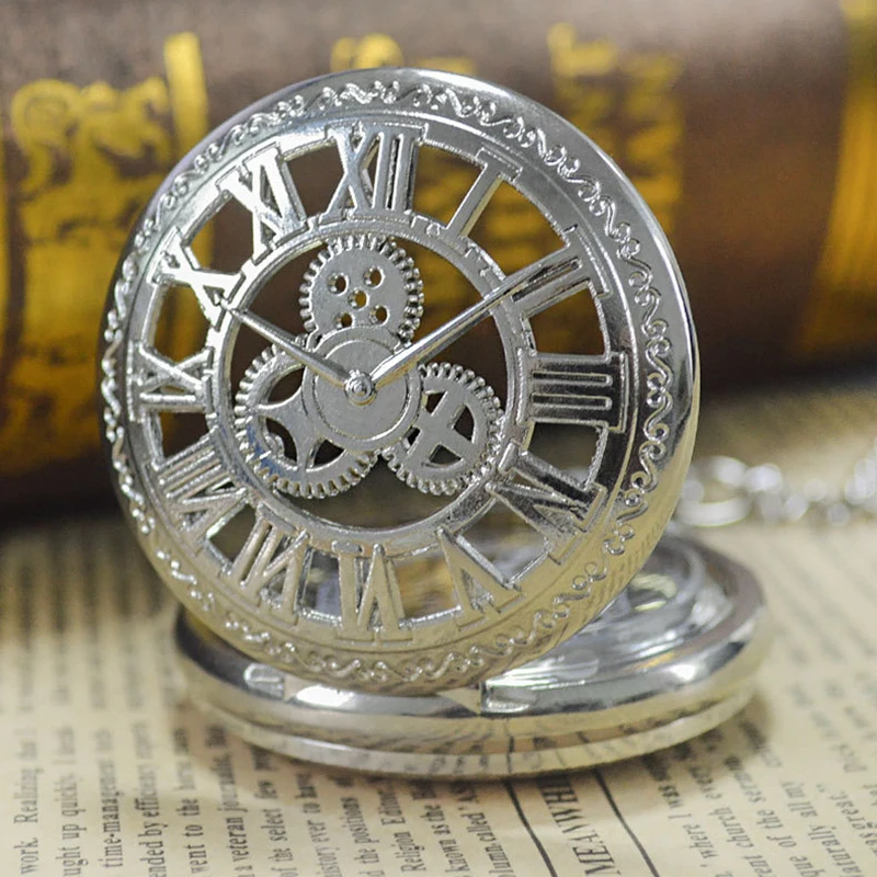 Luxury Steampunk Gear Mechanical Pocket Watch for Men Women Hollow Skeleton Case Roman Numerals Dial Fob Chain Pendant Clock
