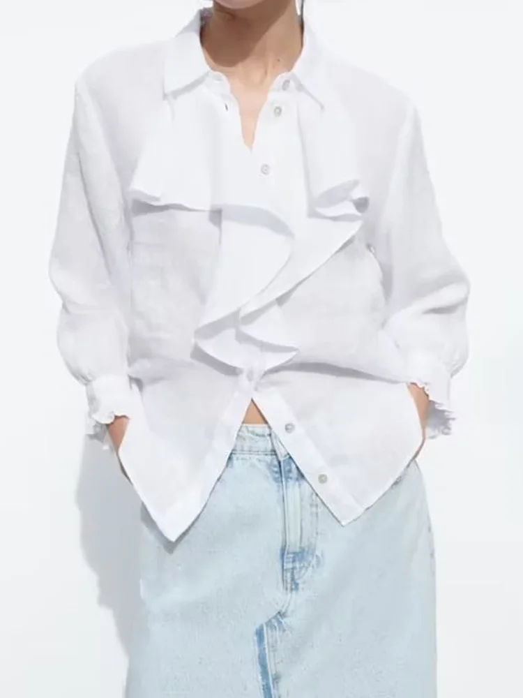 

Женские летние блузки 2023, Рубашки, Топы, модные однотонные льняные милые женские топы с оборками и однобортным рукавом-лепестком