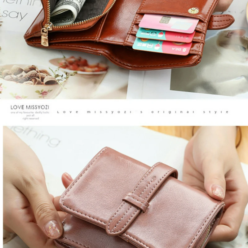 Women's Wallet 2023 New Vintage Oil Wax Folding Simple PU Ultra-thin Small Money Clip Card Bag Female