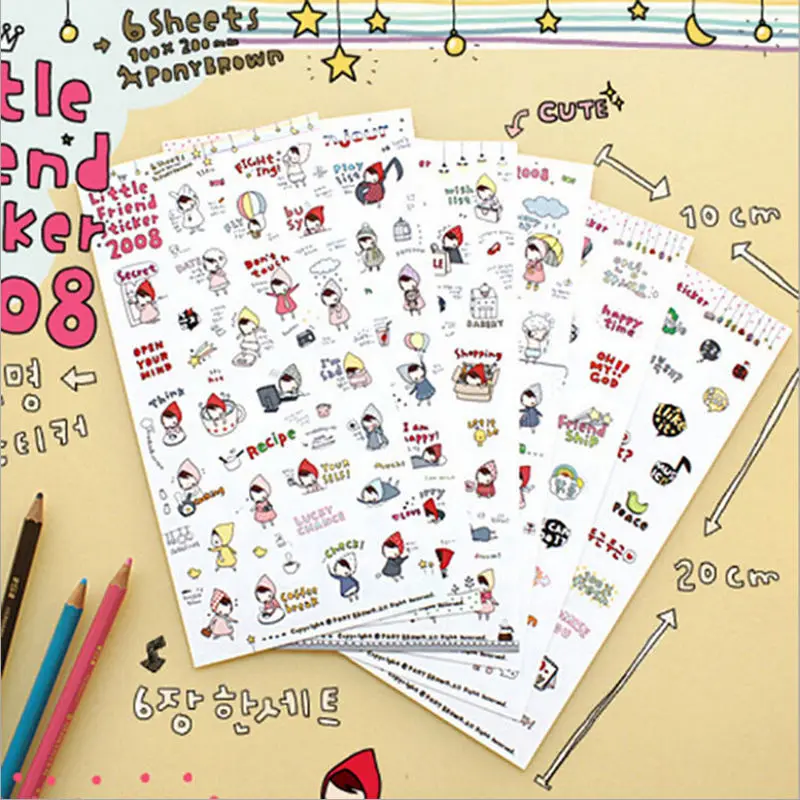 

New 6 sheets/set DIY Cute Cartoon My little friend Paper Sticker for Scrapbooking Diary Kawaii Planner Memo Sticker Stationery