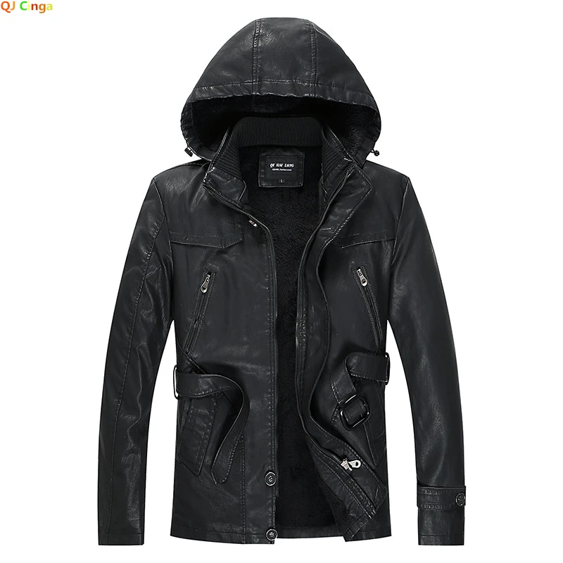 

Winter Black PU Hooded Jacket Men's Fashion Biker Leather Coats Brown Zipper Control Long Sleeve Overcoat Outerwear M-XXXXL