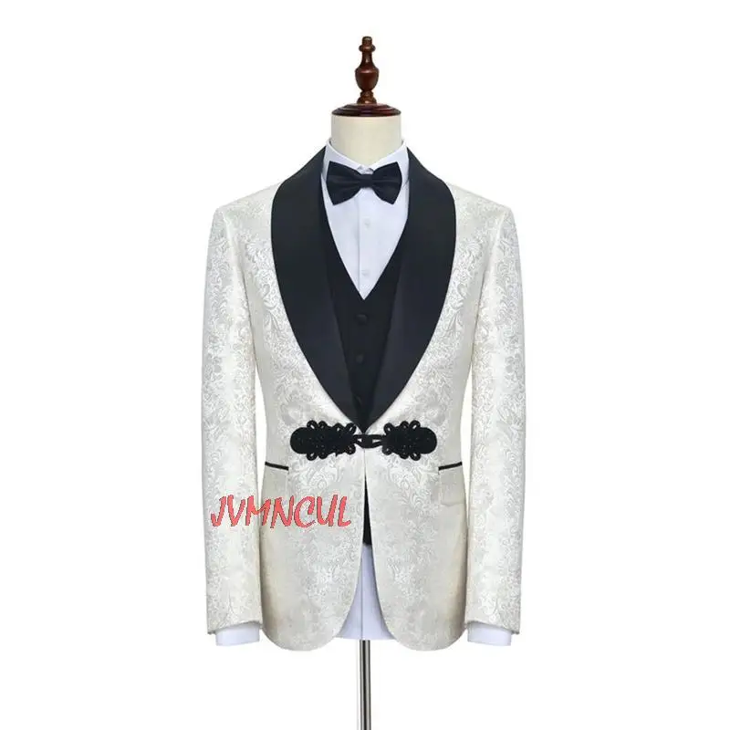 

Handsome One Button Printing Groom Tuxedos Shawl Lapel Wedding Men Suits Three Pieces Prom Dinner Blazer (Jacket+Pants+Vest)