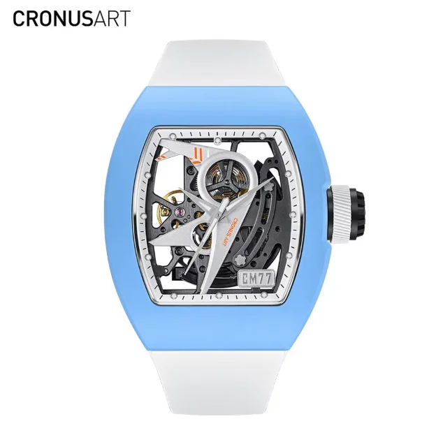 Фото Мужские автоматические часы CRONUSART 50 мм, механические наручные часы Tonneau с люминесцентным сапфировым стеклом, ремешок из фторкаучука, скелетонизированный циферблат в стиле авиаторских часов №4