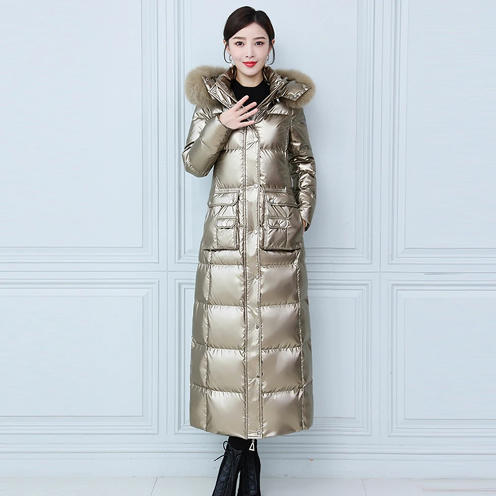 New Women Washfree Glossy Surface Down Coat Lengthened Fashion Detachable Real Fox Fur Collar Thicken Warm Slim Long Down Jacket