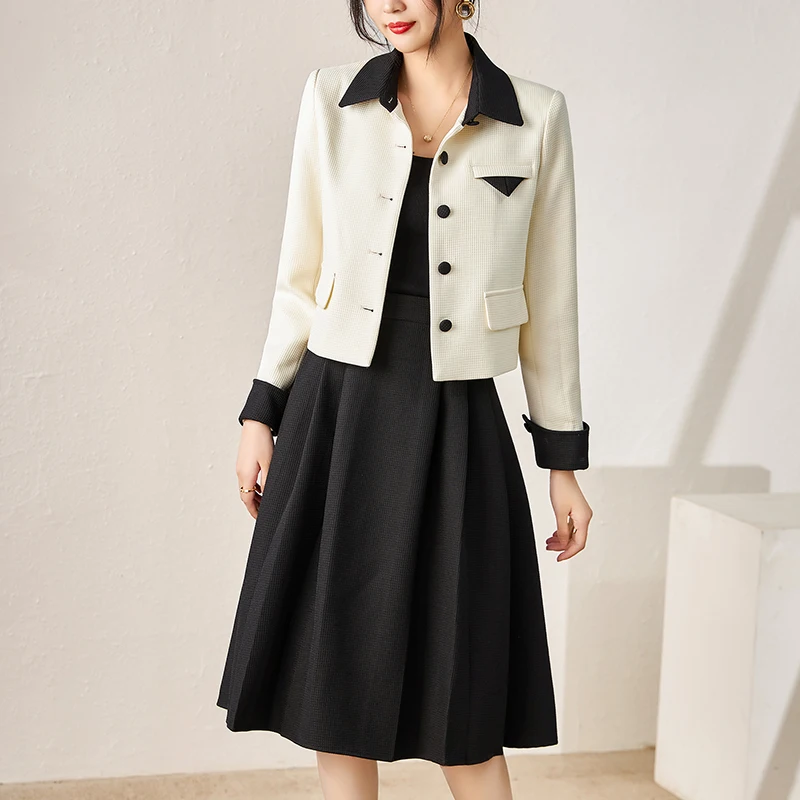

Женский элегантный комплект из двух предметов, куртка с длинным рукавом и трапециевидная юбка из 50% шерсти, комплект из двух предметов, женская одежда на осень и зиму