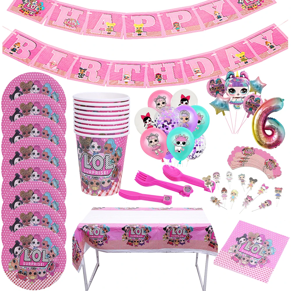 

LOL Surprise Dolls Birthday Decorations Kawaii Girls Anime Party Balloons Cartoon Disposable Paper Cup Plate Tablecloth Knife