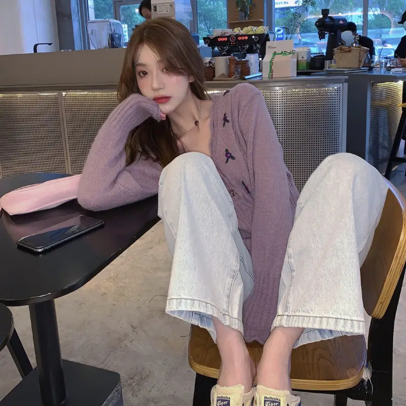 

Fashion High Clothes Cropped Ulzzang Cardigans Style Elegant Street Purple Casual Spring Korean Women Sweet Knitting Tender Lady