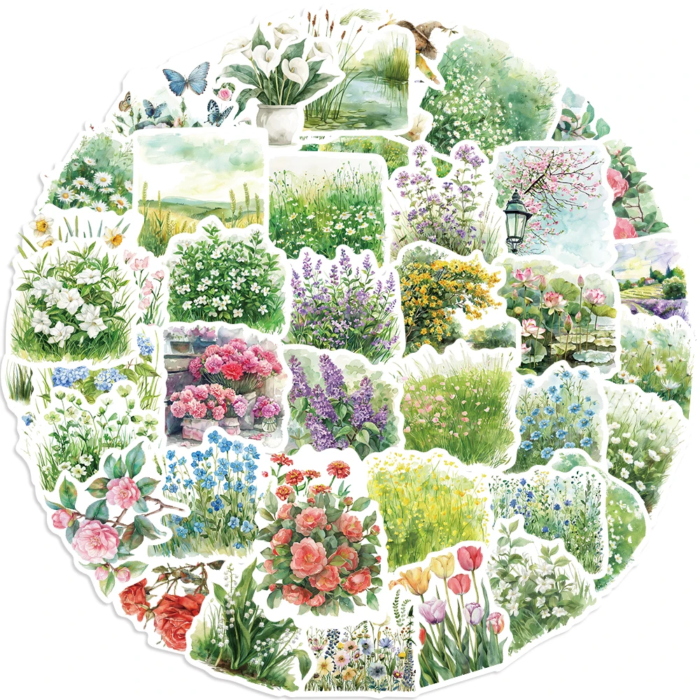 Акварельные летние цветочные наклейки 50 шт