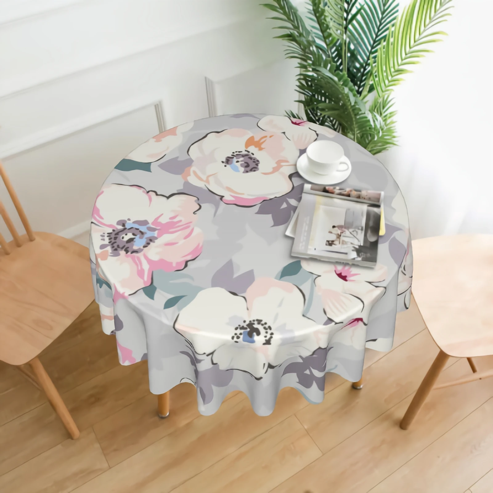 

Watercolor Floral Print Round Tablecloth Waterproof Pink Flowers Table Cloth Wrinkle Free Decorative Tablecloths Cover for