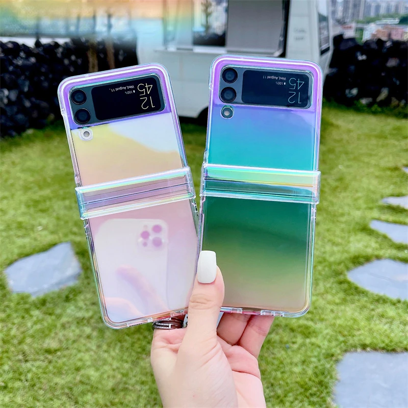 

Радужный градиентный лазерный Прозрачный чехол для телефона Samsung Galaxy Z Flip4 Flip3, флип-чехол с петлей 4 3 дюйма, прозрачный чехол с полной защитой