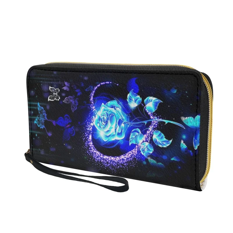 Belidome Blue Rose Wallet for Women Leather RFID Blocking Design Zip Around Card Holder Organizer Ladies Travel Clutch Wristlet