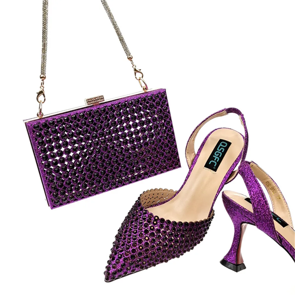 

Nigeiran New Arrival Italian Design 2022 Hot Selling Fashon Classic Style Purple Color Party Wedding Ladies Shoes and Bag Set