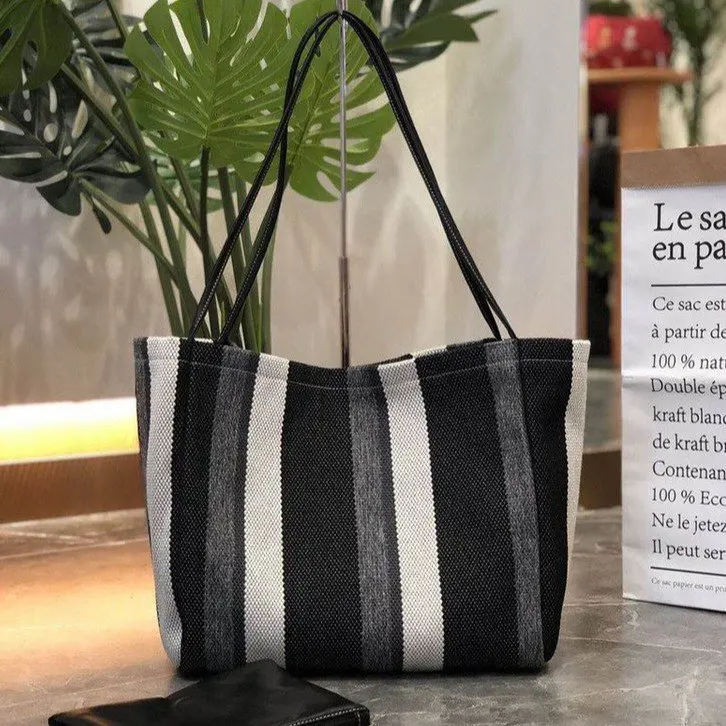 

2022 Casual Striped Canvas Large Handbag Ladies Handbag Eco-Friendly Shoulder Messenger Bag Large Shopping Purse Travel Bag