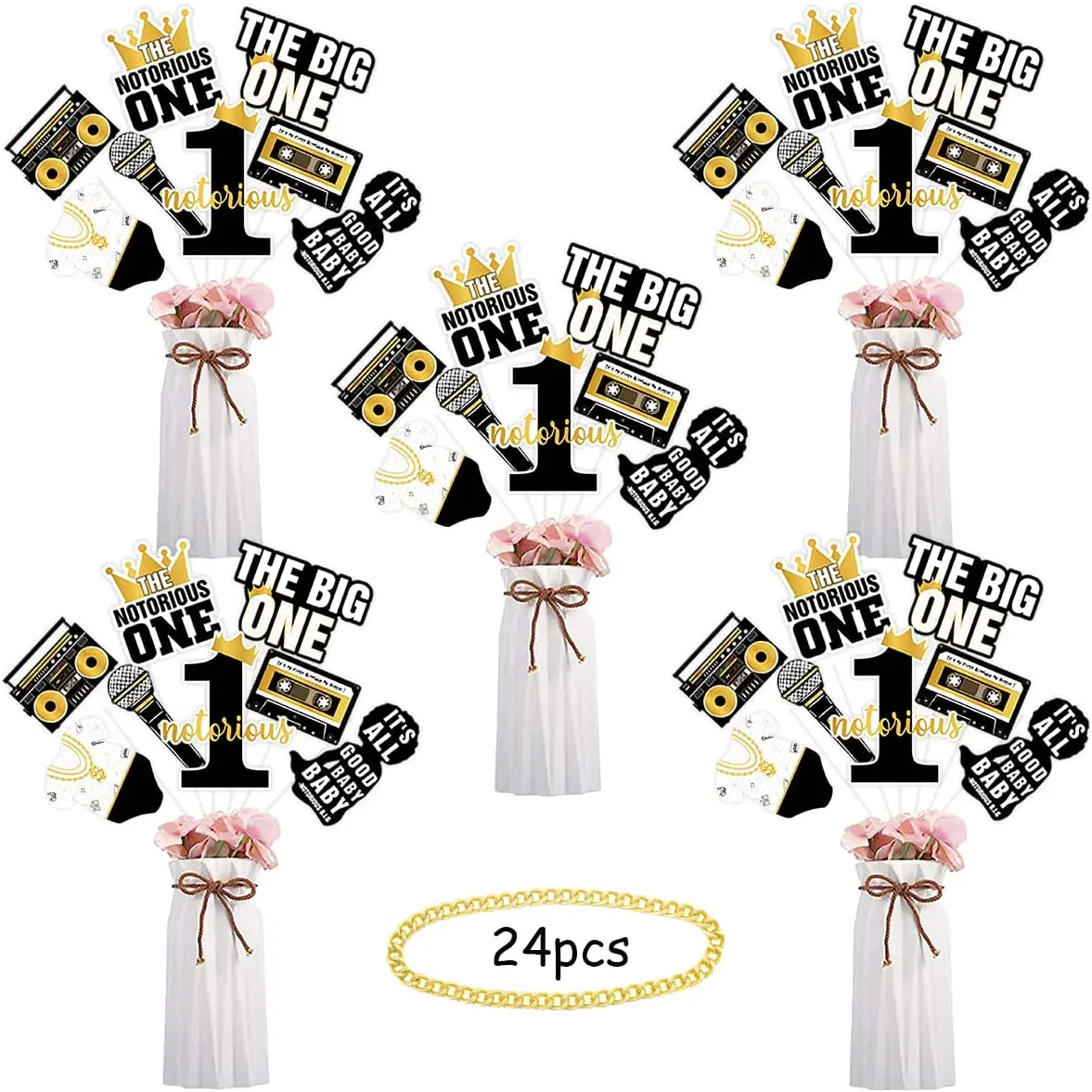 

The Notorious One Table Centerpiece Sticks, Hip Hop, 1st Birthday Party Decorations for Boy, Big One Table Decorations, 24Pcs