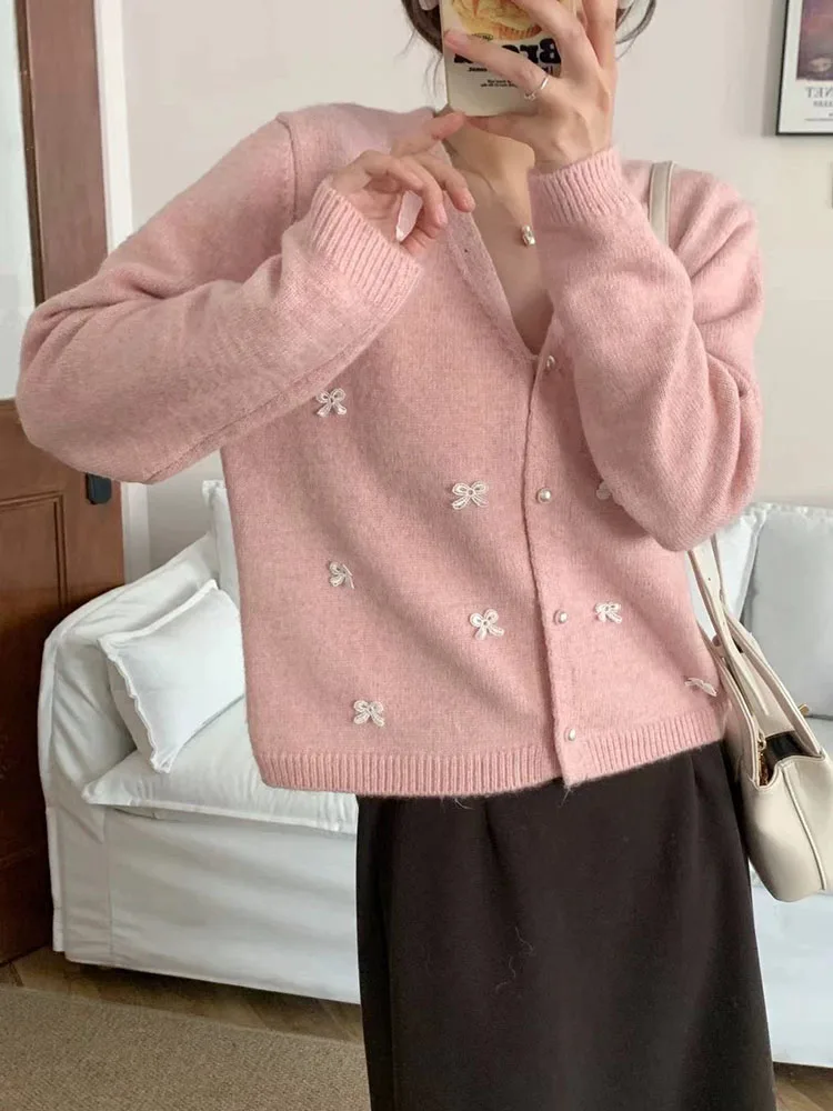 Женский Милый Кардиган Zoki С Бантом V-образным Вырезом Вязаный Свитер