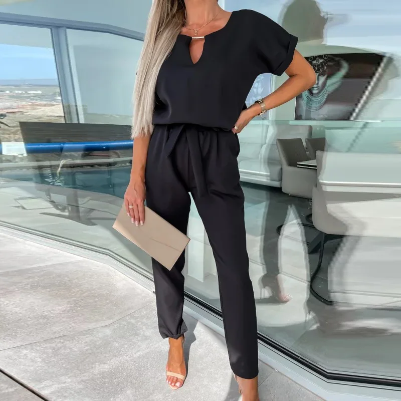 

Элегантный женский комплект, приталенная блузка с коротким рукавом и V-образным вырезом + длинные брюки на шнуровке с бантом, костюм из двух предметов, летняя офисная одежда